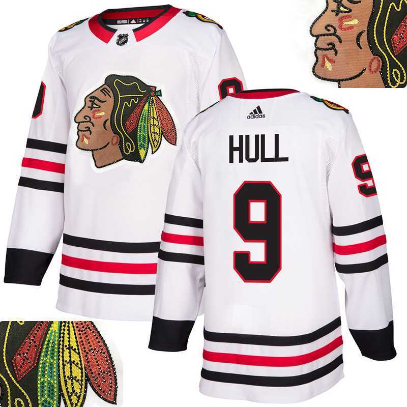 Blackhawks #9 Hull White With Special Glittery Logo Adidas Jersey